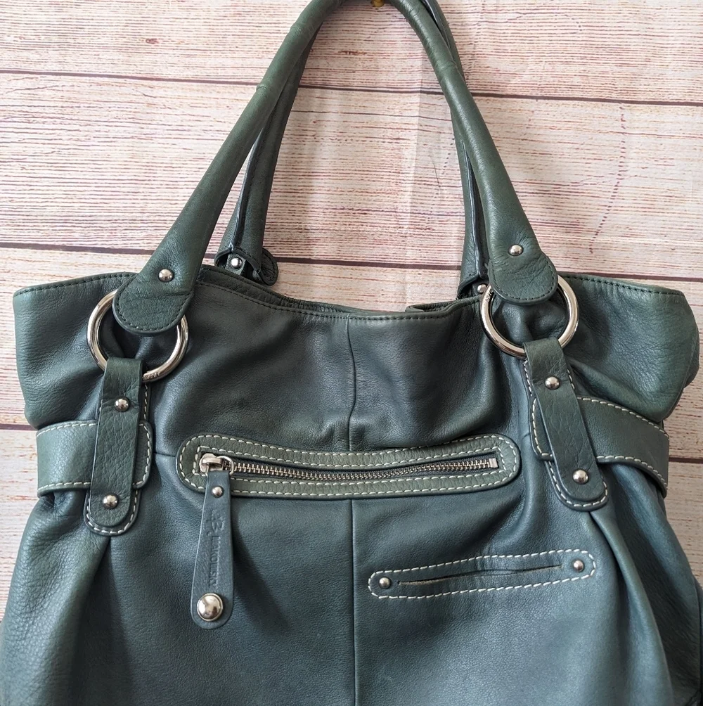 B. Makowsky Teal Slouchy Soft Pebble Leather Hobo Bag Y2K Bohemian Chunky Metal